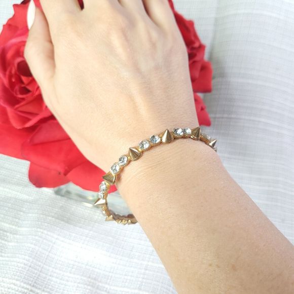 Gold Color Spike Bracelet Bangle With Sparkly Rhinestones Punk Rock Goth Alt - Picture 2 of 5